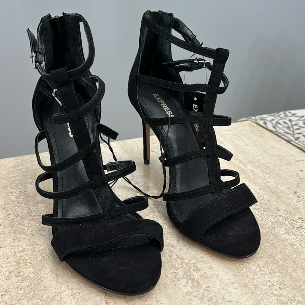 NWT Express black faux suede strappy sandals